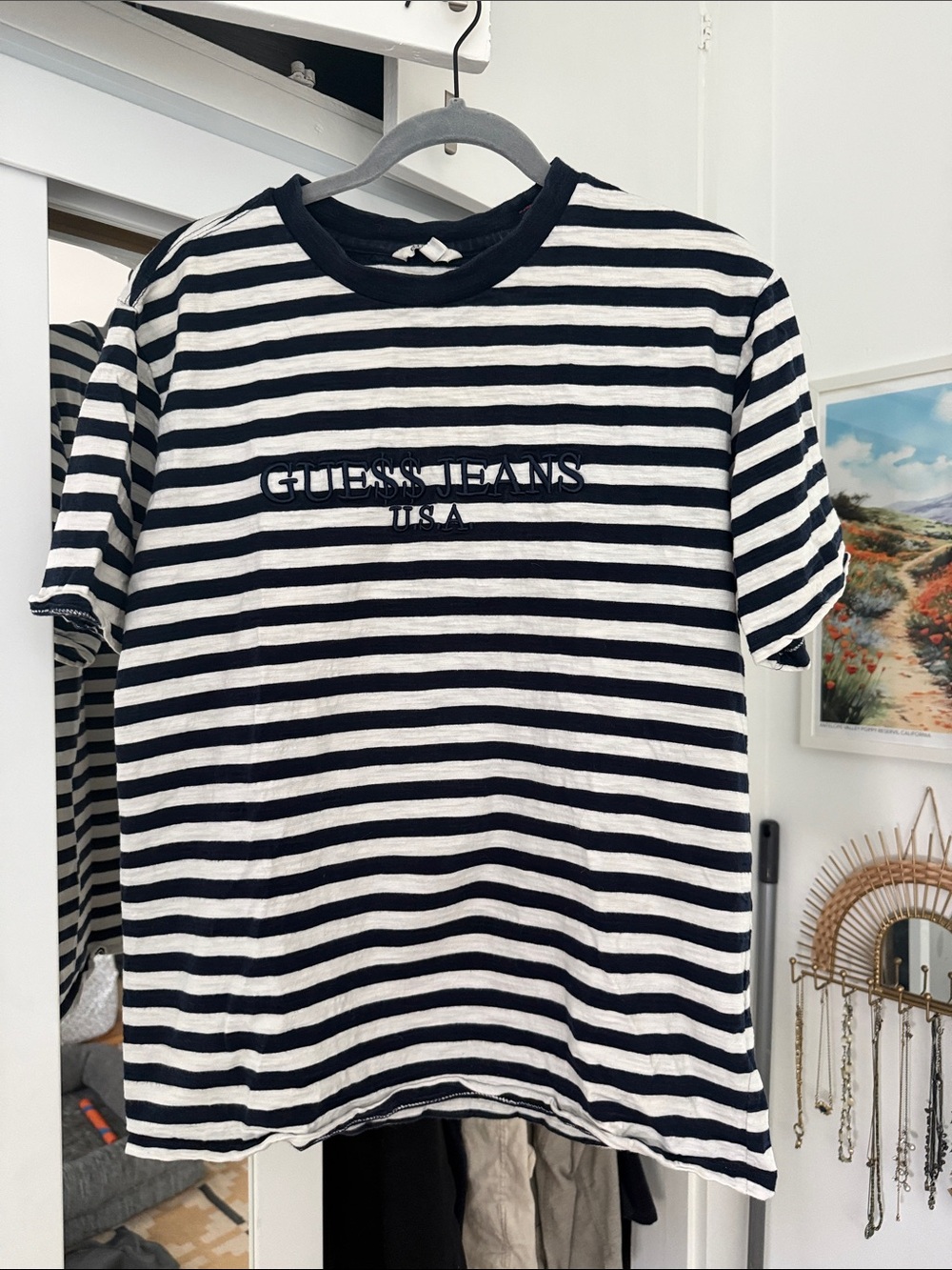Guess Striped Crewneck Tee in Navy and White